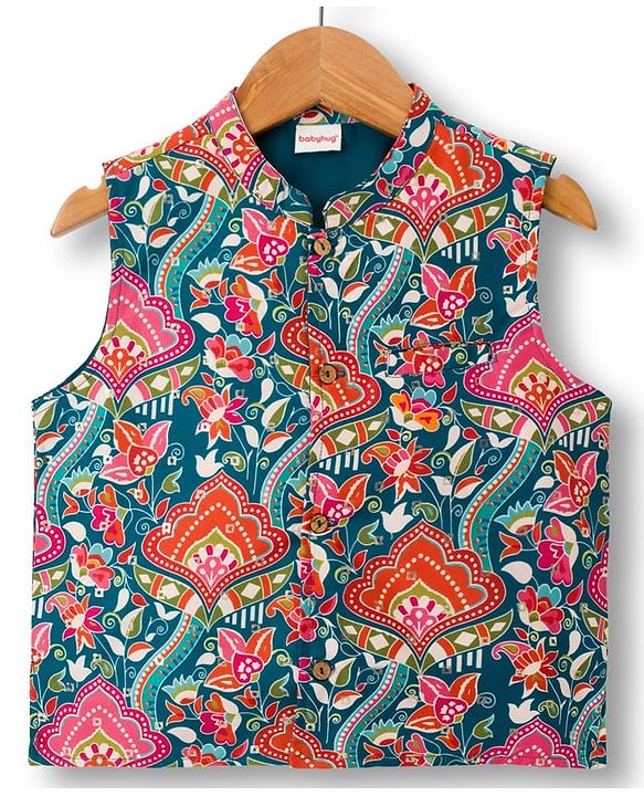 Babyhug Cambric Woven Full Sleeves Kurta Pajama & Jacket Set With Floral Print - Teal Blue