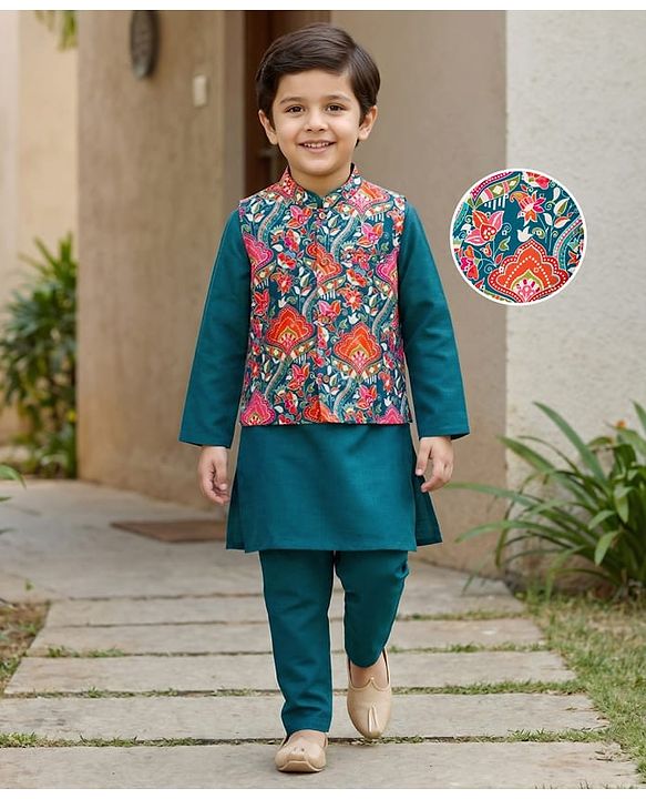Babyhug Cambric Woven Full Sleeves Kurta Pajama & Jacket Set With Floral Print - Teal Blue