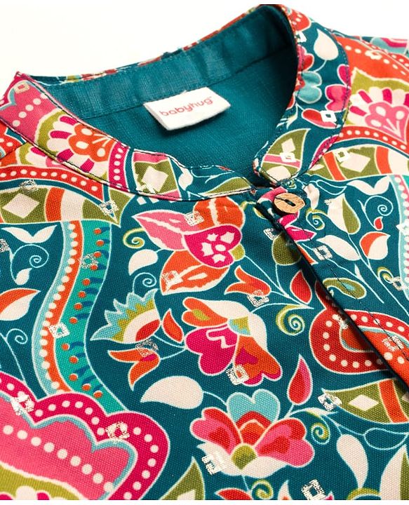 Babyhug Cambric Woven Full Sleeves Kurta Pajama & Jacket Set With Floral Print - Teal Blue