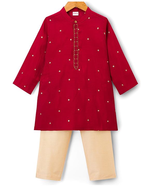 Babyhug Woven Full Sleeves Kurta Pajama Set With Foil Embroidered  - Maroon