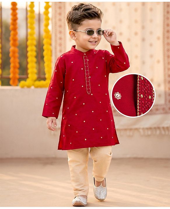 Babyhug Woven Full Sleeves Kurta Pajama Set With Foil Embroidered  - Maroon