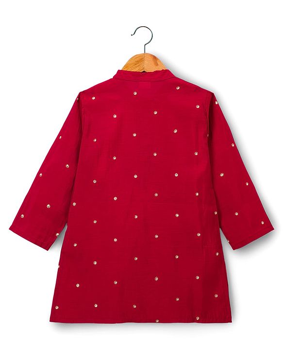 Babyhug Woven Full Sleeves Kurta Pajama Set With Foil Embroidered  - Maroon