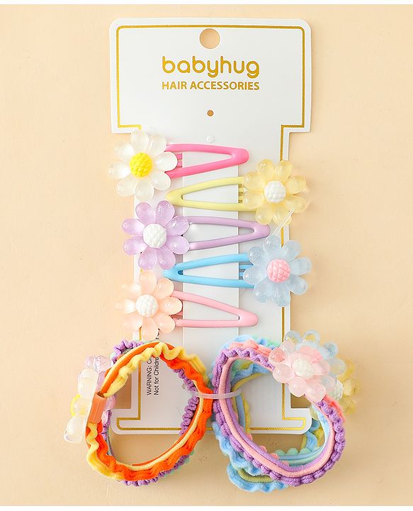 Babyhug Hair Rubber Bands & Clips with Floral Applique Combo Set  10 Pieces  - Multicolor