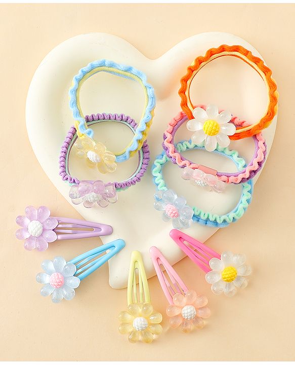 Babyhug Hair Rubber Bands & Clips with Floral Applique Combo Set  10 Pieces  - Multicolor