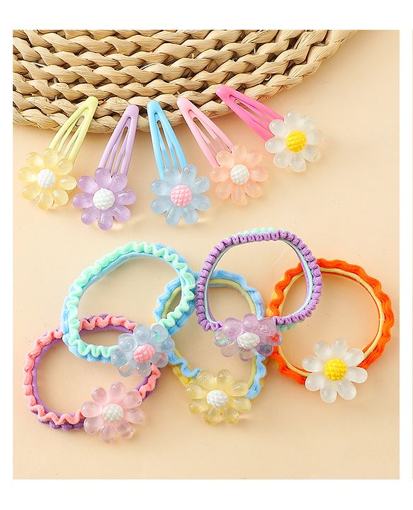 Babyhug Hair Rubber Bands & Clips with Floral Applique Combo Set  10 Pieces  - Multicolor