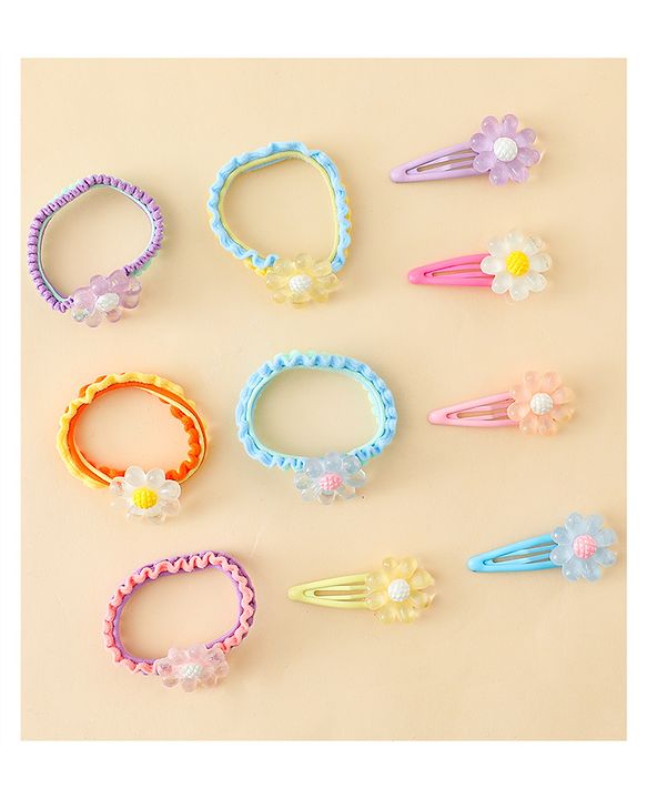 Babyhug Hair Rubber Bands & Clips with Floral Applique Combo Set  10 Pieces  - Multicolor