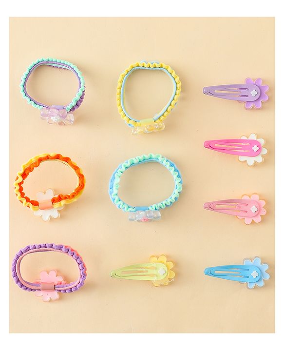 Babyhug Hair Rubber Bands & Clips with Floral Applique Combo Set  10 Pieces  - Multicolor