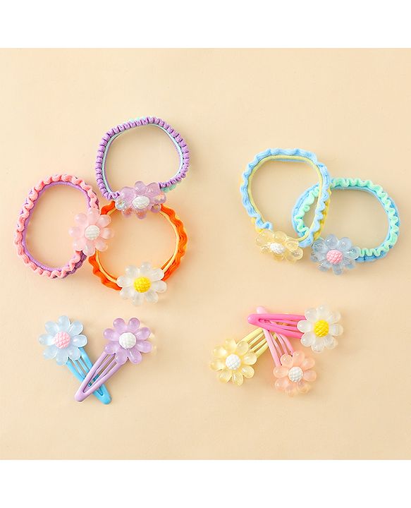 Babyhug Hair Rubber Bands & Clips with Floral Applique Combo Set  10 Pieces  - Multicolor