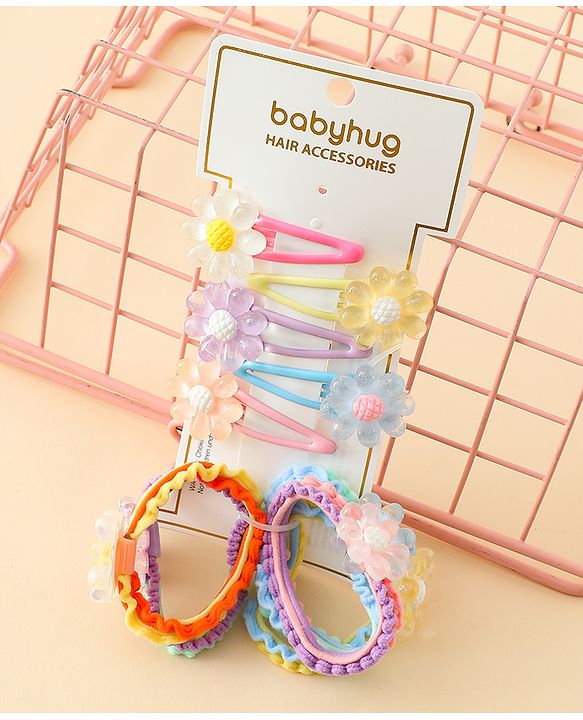 Babyhug Hair Rubber Bands & Clips with Floral Applique Combo Set  10 Pieces  - Multicolor