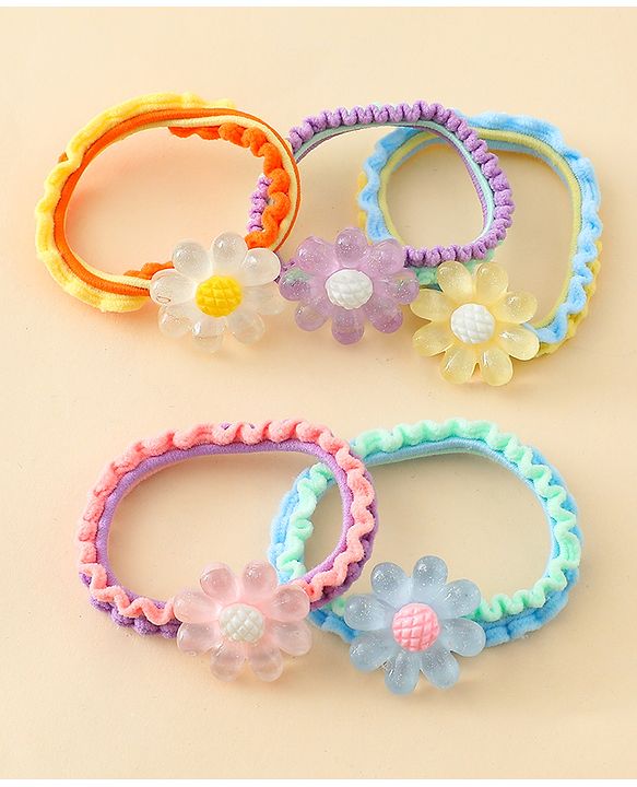 Babyhug Hair Rubber Bands & Clips with Floral Applique Combo Set  10 Pieces  - Multicolor