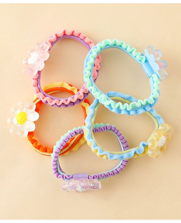 Babyhug Hair Rubber Bands & Clips with Floral Applique Combo Set  10 Pieces  - Multicolor