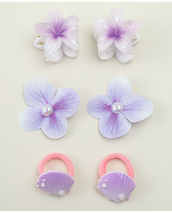 Babyhug  Hair Rubber Bands  & Clips With Floral Applique  6 Pieces - Purple