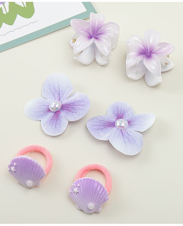 Babyhug  Hair Rubber Bands  & Clips With Floral Applique  6 Pieces - Purple