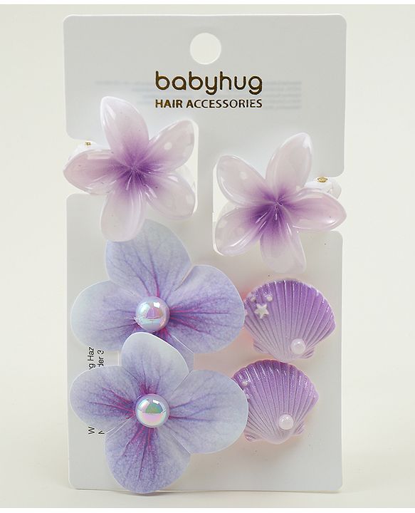 Babyhug  Hair Rubber Bands  & Clips With Floral Applique  6 Pieces - Purple