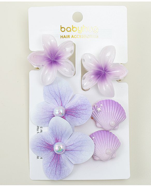 Babyhug  Hair Rubber Bands  & Clips With Floral Applique  6 Pieces - Purple