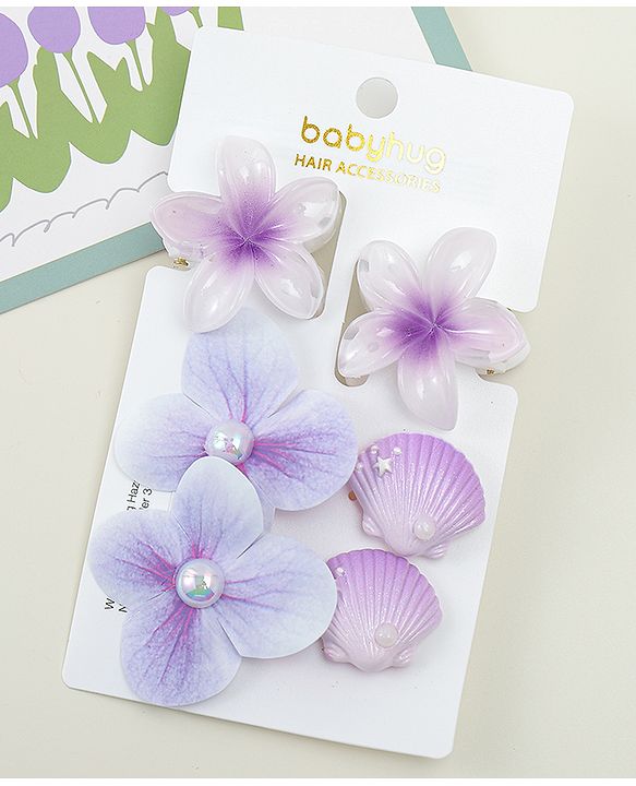 Babyhug  Hair Rubber Bands  & Clips With Floral Applique  6 Pieces - Purple