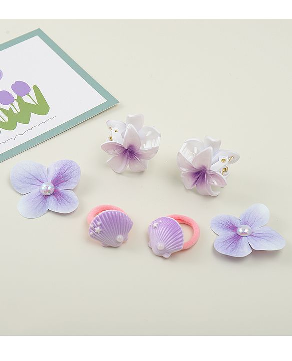 Babyhug  Hair Rubber Bands  & Clips With Floral Applique  6 Pieces - Purple