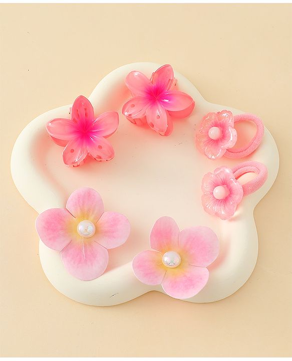 Babyhug  Hair Rubber Bands  & Clips With Floral Applique  6 Pieces - Pink