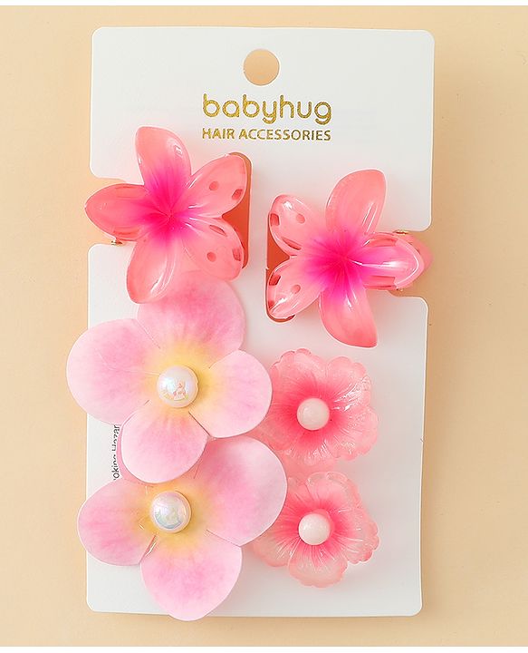 Babyhug  Hair Rubber Bands  & Clips With Floral Applique  6 Pieces - Pink