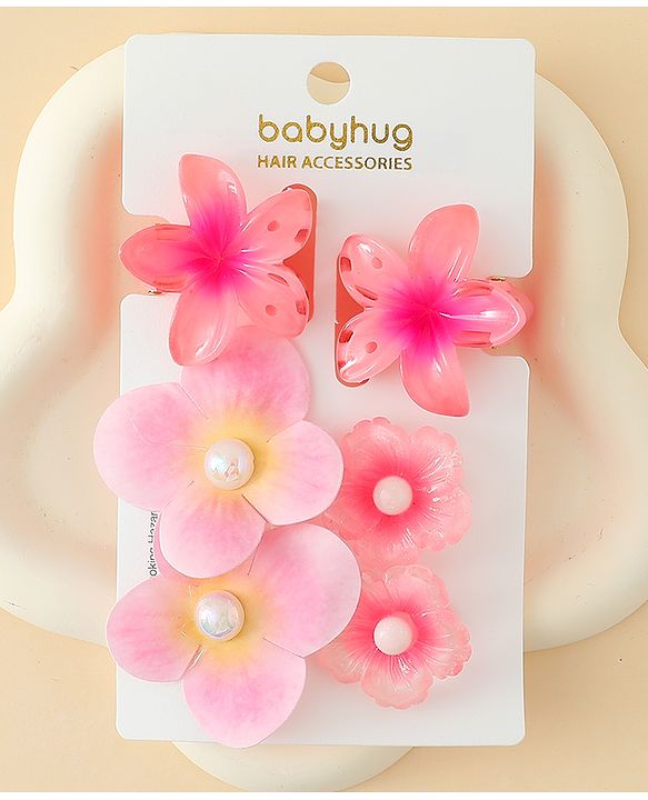 Babyhug  Hair Rubber Bands  & Clips With Floral Applique  6 Pieces - Pink