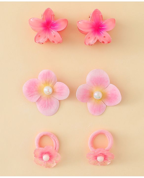 Babyhug  Hair Rubber Bands  & Clips With Floral Applique  6 Pieces - Pink