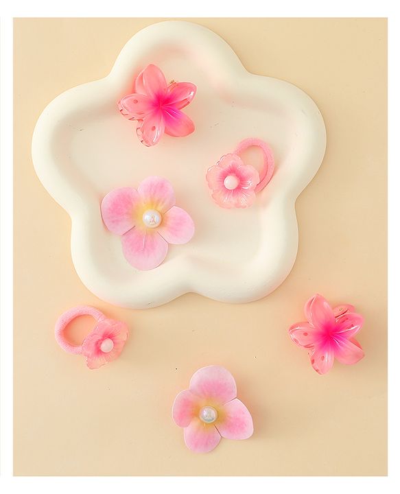 Babyhug  Hair Rubber Bands  & Clips With Floral Applique  6 Pieces - Pink