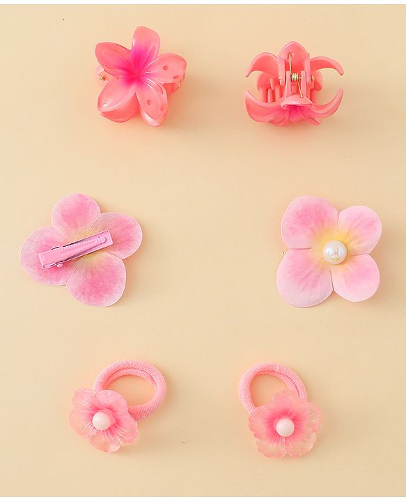 Babyhug  Hair Rubber Bands  & Clips With Floral Applique  6 Pieces - Pink