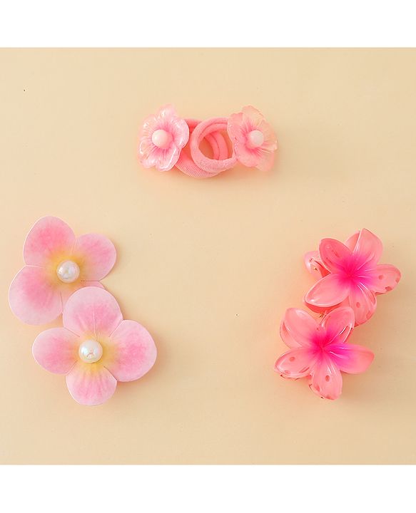 Babyhug  Hair Rubber Bands  & Clips With Floral Applique  6 Pieces - Pink