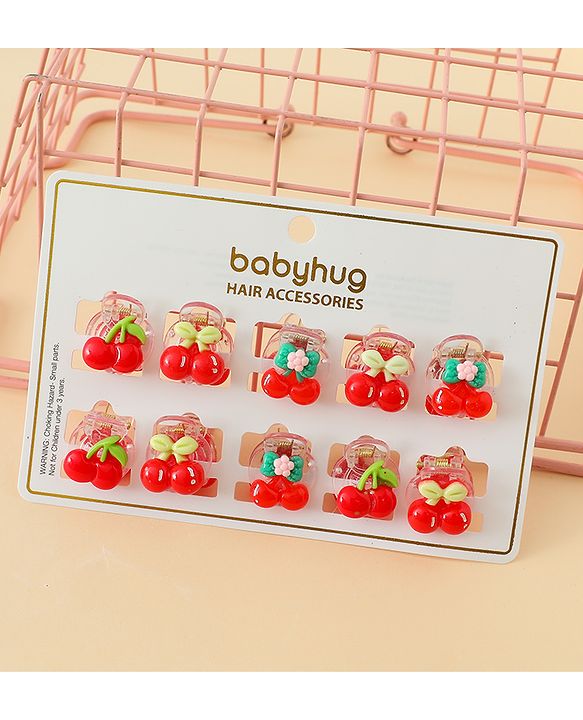 Babyhug Hair Clips with Fruit Applique Pack of 10 - Red