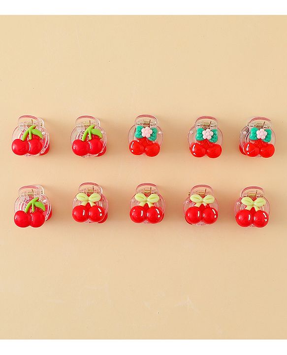 Babyhug Hair Clips with Fruit Applique Pack of 10 - Red