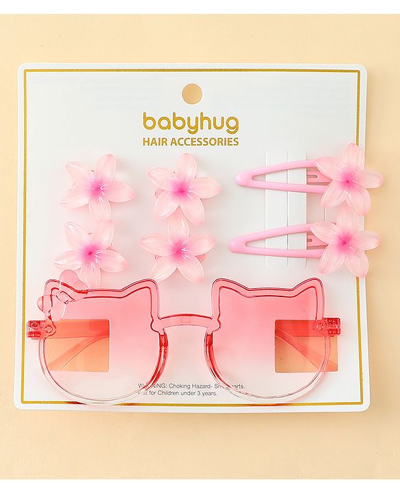 Babyhug Hair Accessories Combo Set With Floral Applique- Pink