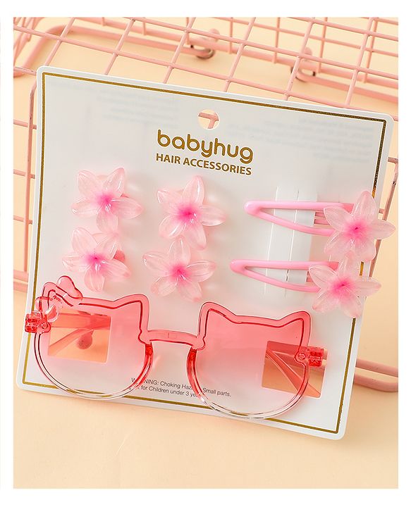 Babyhug Hair Accessories Combo Set With Floral Applique- Pink