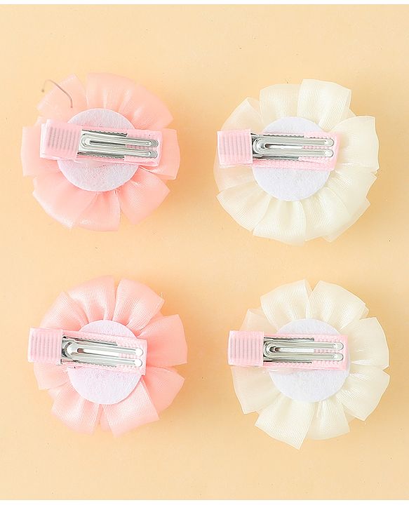 Babyhug Bow and Butterfly Clips With Floral Applique Set of 2 - Offwhite & Pink