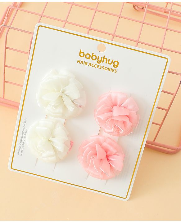 Babyhug Bow and Butterfly Clips With Floral Applique Set of 2 - Offwhite & Pink