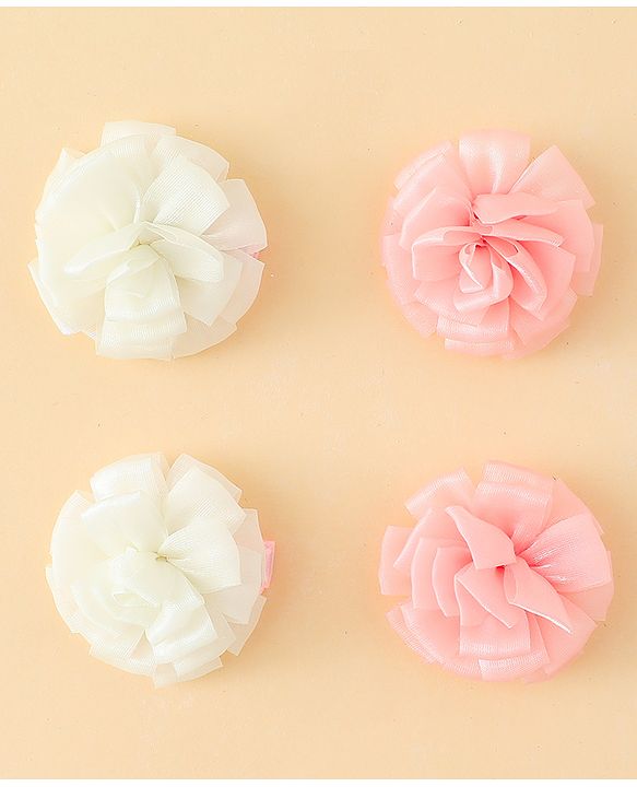 Babyhug Bow and Butterfly Clips With Floral Applique Set of 2 - Offwhite & Pink