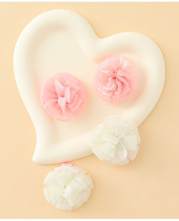Babyhug Bow and Butterfly Clips With Floral Applique Set of 2 - Offwhite & Pink