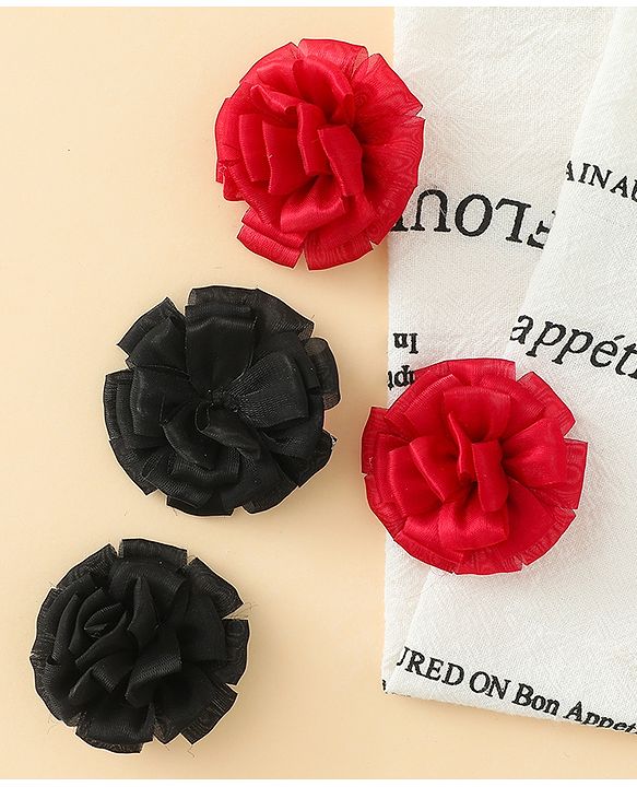 Babyhug Bow and Butterfly Clips With Floral Applique Set of 2 - Black & Red