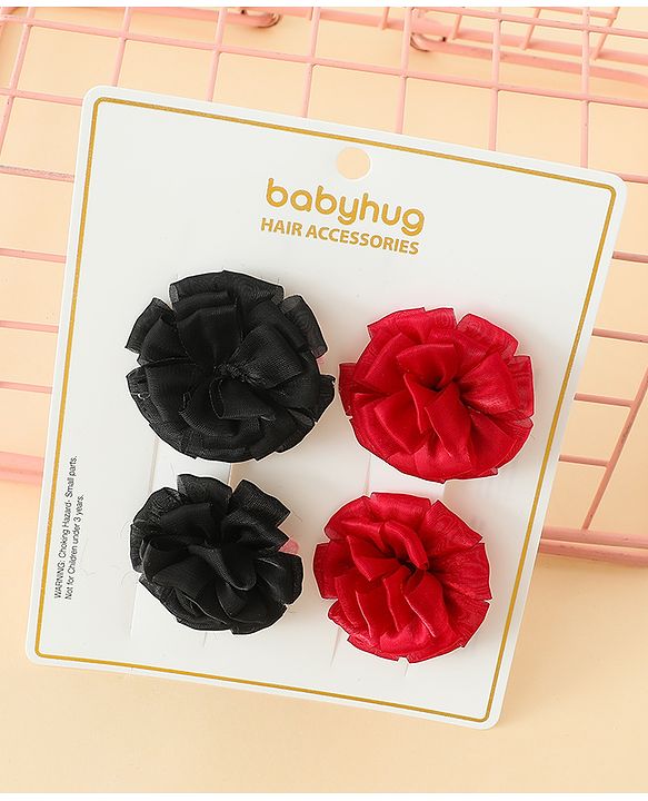 Babyhug Bow and Butterfly Clips With Floral Applique Set of 2 - Black & Red