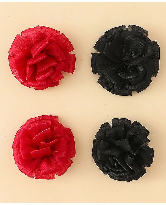 Babyhug Bow and Butterfly Clips With Floral Applique Set of 2 - Black & Red