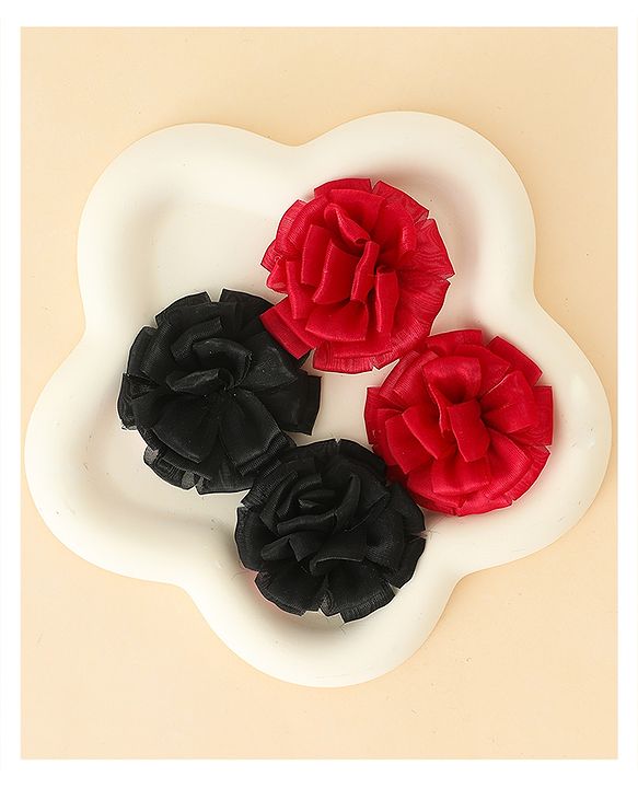 Babyhug Bow and Butterfly Clips With Floral Applique Set of 2 - Black & Red