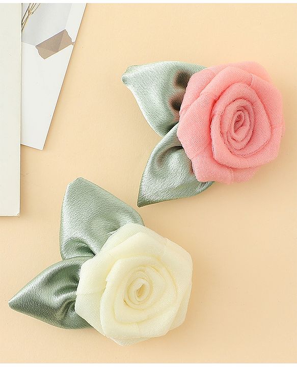 Pine Kids Hair Clips With Floral Applique Pack of 2 - Cream & Pink