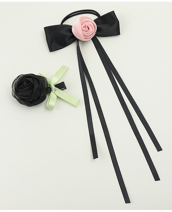 Pine Kids Hair Clip & Rubber Band Set With Floral Applique - Pink & Black