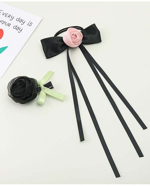 Pine Kids Hair Clip & Rubber Band Set With Floral Applique - Pink & Black