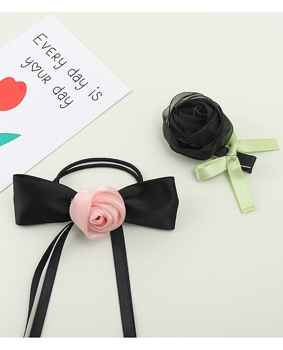 Pine Kids Hair Clip & Rubber Band Set With Floral Applique - Pink & Black