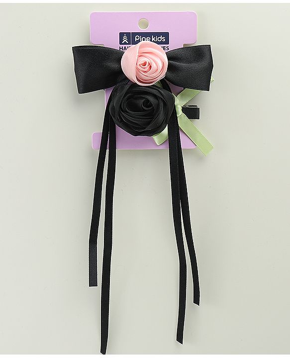Pine Kids Hair Clip & Rubber Band Set With Floral Applique - Pink & Black