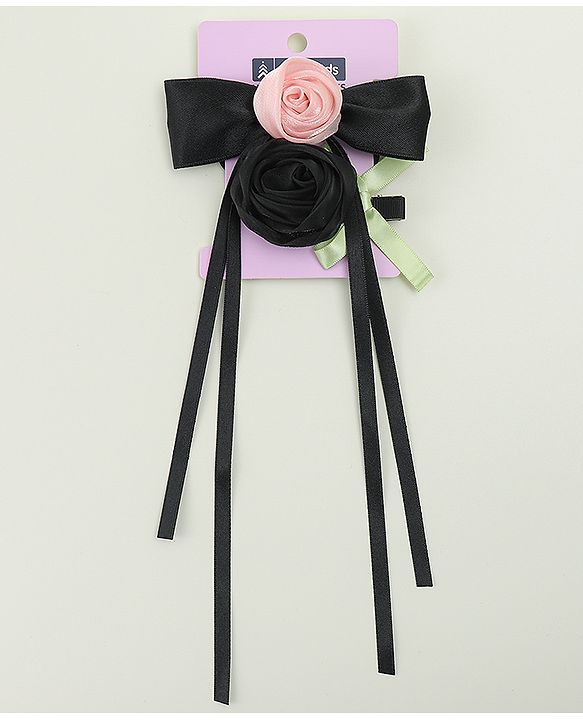 Pine Kids Hair Clip & Rubber Band Set With Floral Applique - Pink & Black