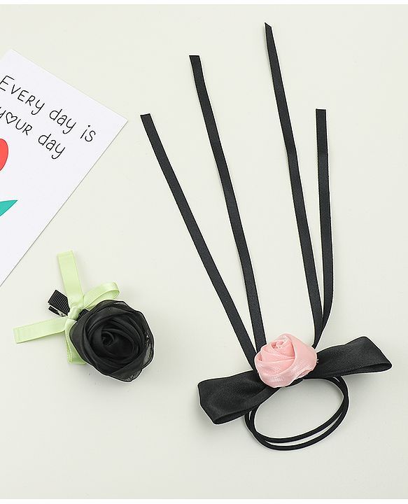 Pine Kids Hair Clip & Rubber Band Set With Floral Applique - Pink & Black