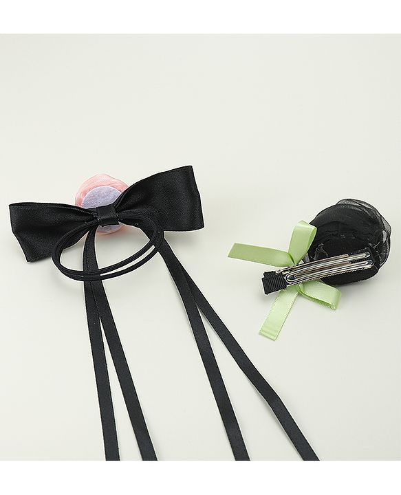 Pine Kids Hair Clip & Rubber Band Set With Floral Applique - Pink & Black