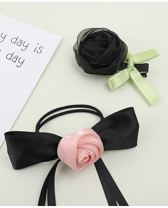 Pine Kids Hair Clip & Rubber Band Set With Floral Applique - Pink & Black