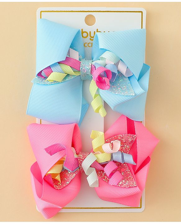 Babyhug Bow & Butterfly Clips with Sequin Detailing Pack of 2 - Light Blue & Pink